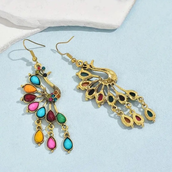 Bohemian Peacock Tassel Dangle Earrings - Picture 4 of 5